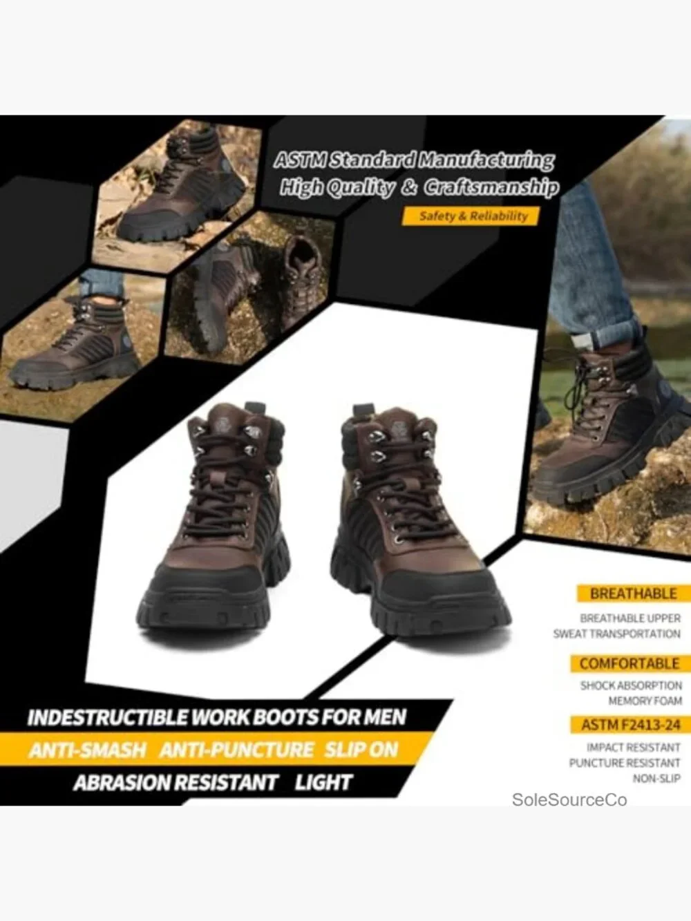Men's Steel Toe Work Boots Waterproof Safety Construction Boots 6 Inch